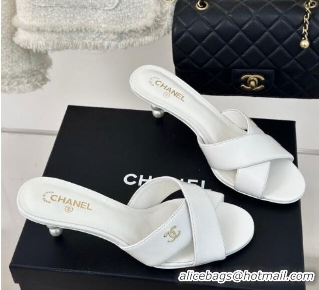 Best Grade Chanel Lambskin Heel Slide Sandals 6cm with Pearls Heel White 424117