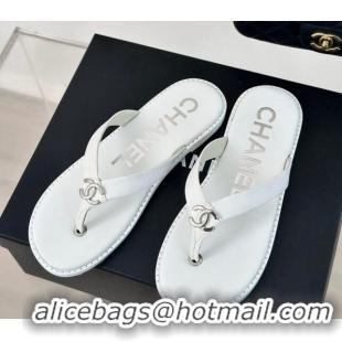 Good Quality Chanel Calfskin Flat Thong Slide Sandals with CC White 424118