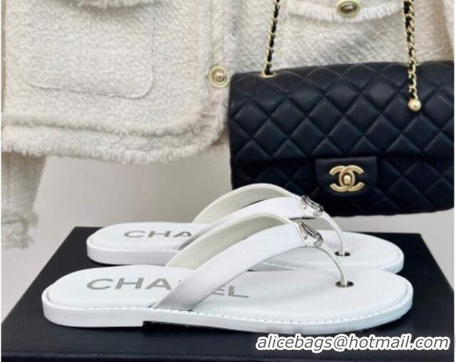 Good Quality Chanel Calfskin Flat Thong Slide Sandals with CC White 424118