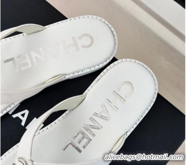 Good Quality Chanel Calfskin Flat Thong Slide Sandals with CC White 424118