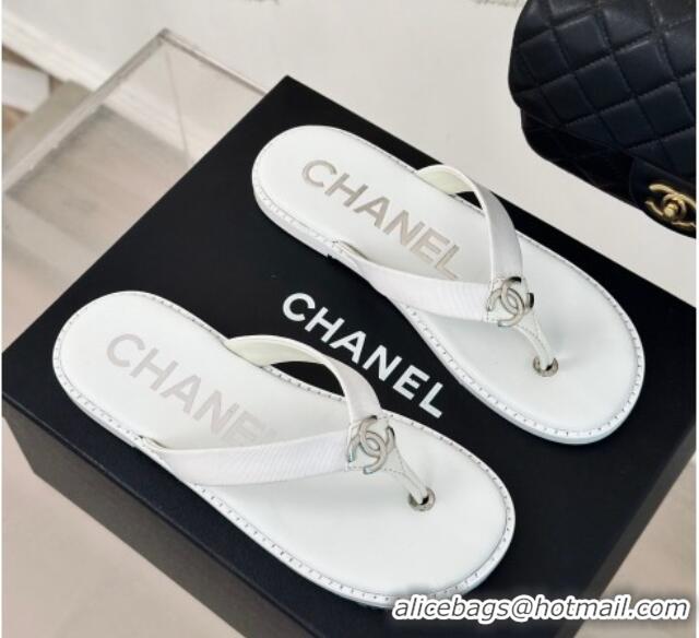 Good Quality Chanel Calfskin Flat Thong Slide Sandals with CC White 424118