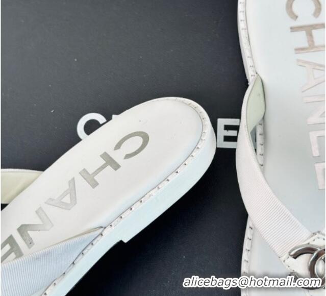 Good Quality Chanel Calfskin Flat Thong Slide Sandals with CC White 424118