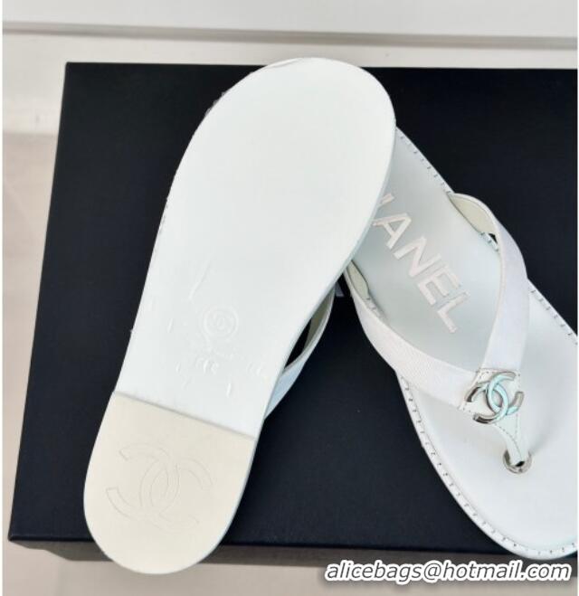 Good Quality Chanel Calfskin Flat Thong Slide Sandals with CC White 424118