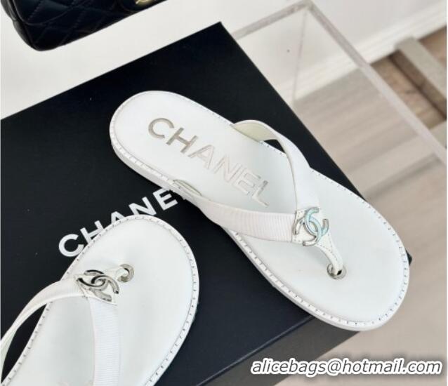 Good Quality Chanel Calfskin Flat Thong Slide Sandals with CC White 424118