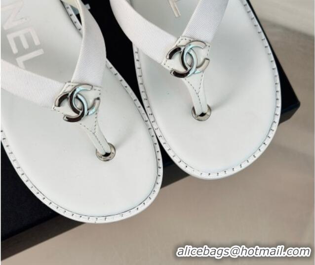 Good Quality Chanel Calfskin Flat Thong Slide Sandals with CC White 424118