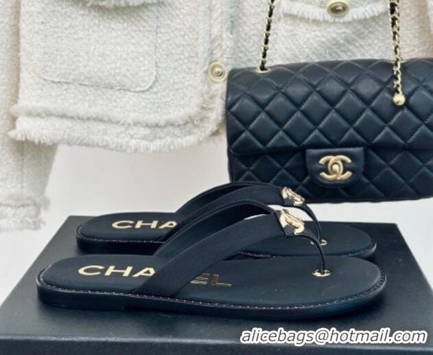 Luxury Chanel Calfskin Flat Thong Slide Sandals with CC Black 424119