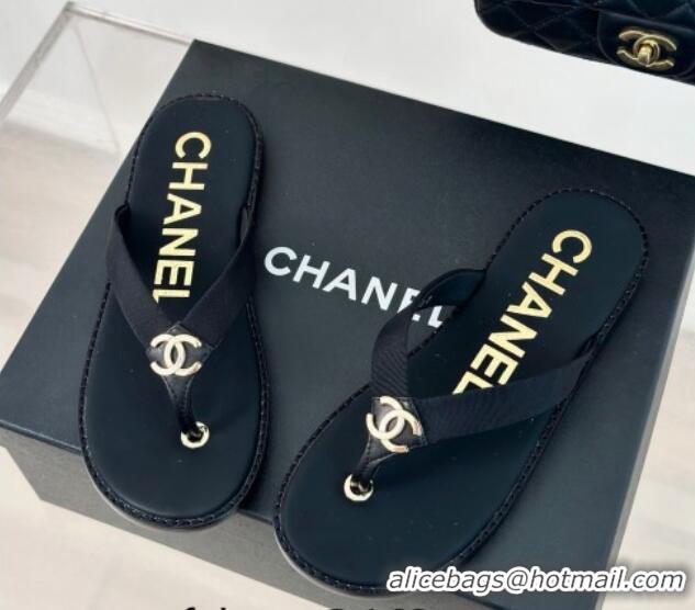 Luxury Chanel Calfskin Flat Thong Slide Sandals with CC Black 424119