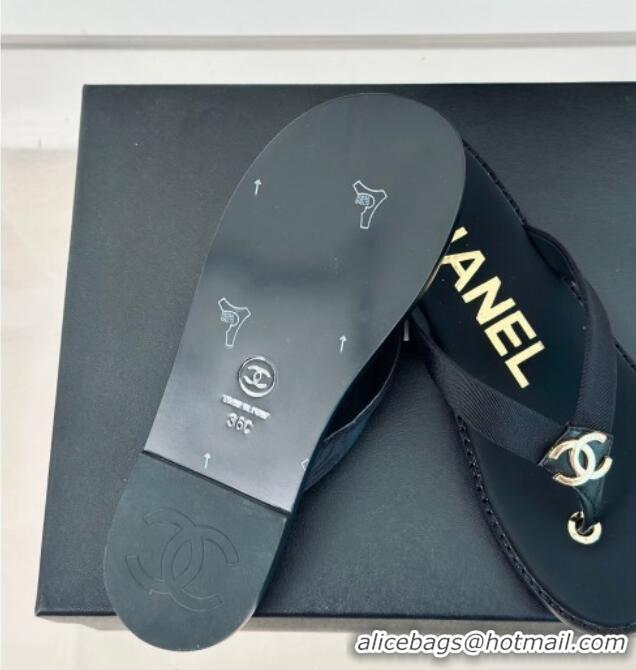 Luxury Chanel Calfskin Flat Thong Slide Sandals with CC Black 424119