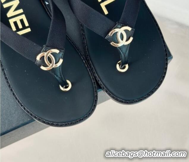 Luxury Chanel Calfskin Flat Thong Slide Sandals with CC Black 424119