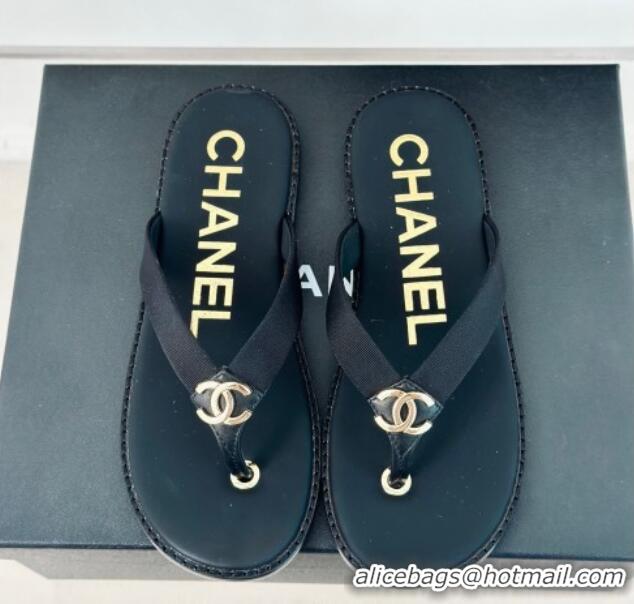 Luxury Chanel Calfskin Flat Thong Slide Sandals with CC Black 424119