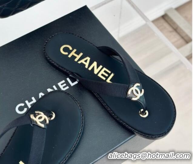 Luxury Chanel Calfskin Flat Thong Slide Sandals with CC Black 424119