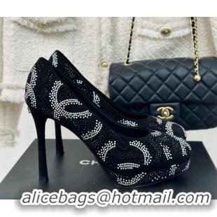 Best Price Chanel Suede High Heel Platform Pumps 10.5cm with Crystals Black 424120