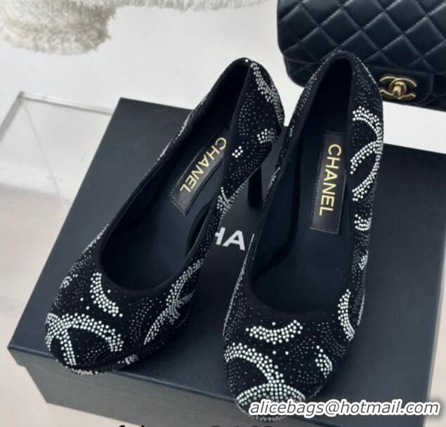 Best Price Chanel Suede High Heel Platform Pumps 10.5cm with Crystals Black 424120