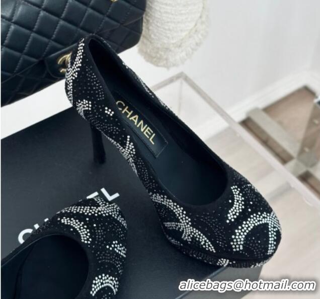 Best Price Chanel Suede High Heel Platform Pumps 10.5cm with Crystals Black 424120