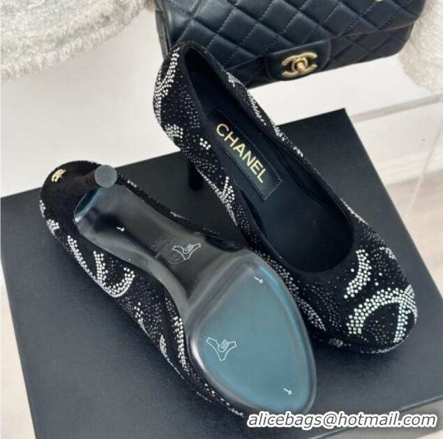 Best Price Chanel Suede High Heel Platform Pumps 10.5cm with Crystals Black 424120