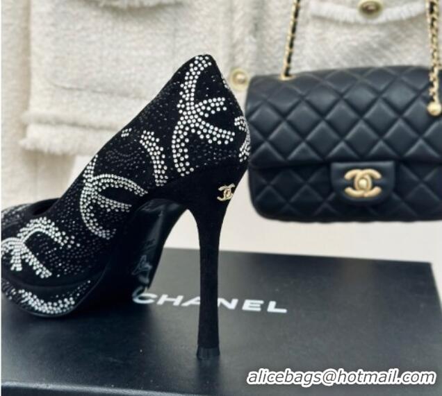 Best Price Chanel Suede High Heel Platform Pumps 10.5cm with Crystals Black 424120