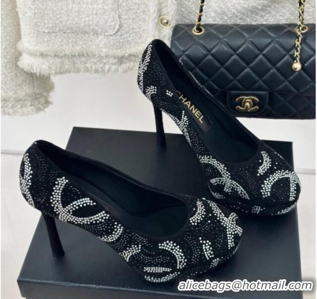 Best Price Chanel Suede High Heel Platform Pumps 10.5cm with Crystals Black 424120