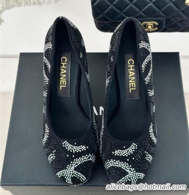 Best Price Chanel Suede High Heel Platform Pumps 10.5cm with Crystals Black 424120