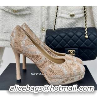 Luxury Chanel Suede High Heel Platform Pumps 10.5cm Beige 424121