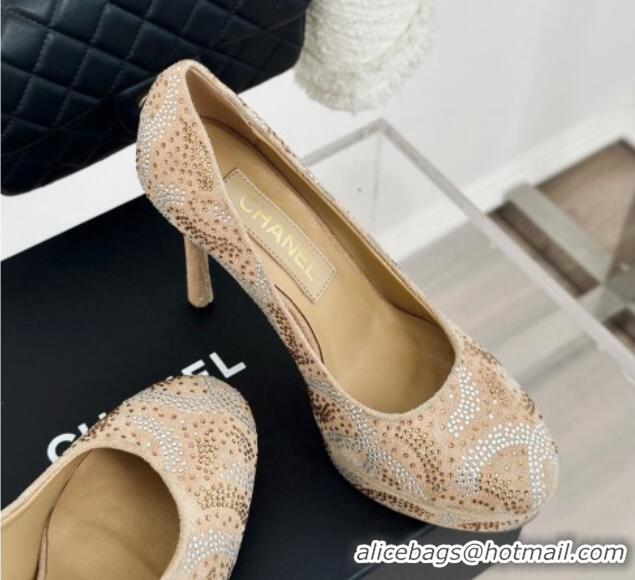 Luxury Chanel Suede High Heel Platform Pumps 10.5cm Beige 424121