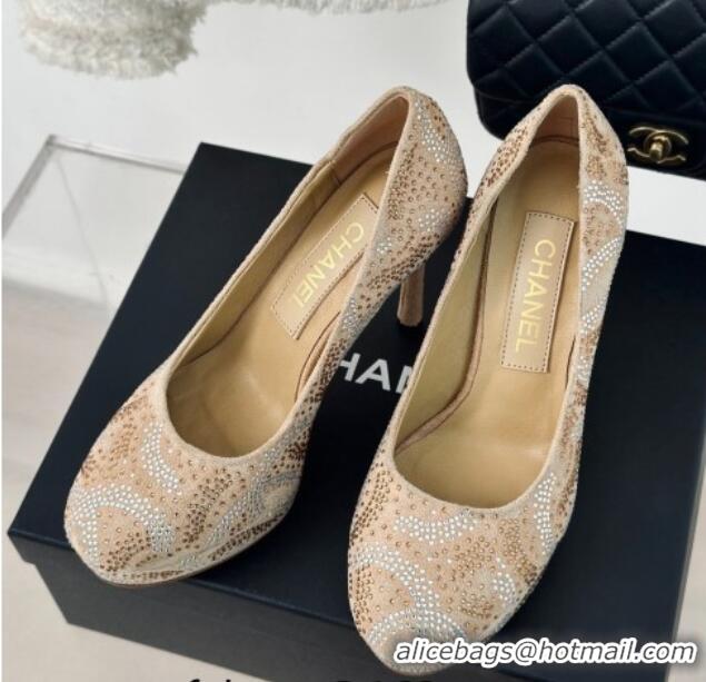 Luxury Chanel Suede High Heel Platform Pumps 10.5cm Beige 424121