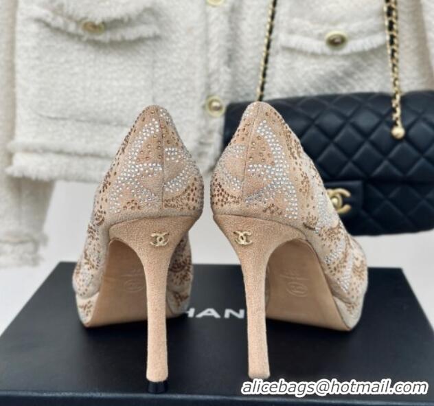 Luxury Chanel Suede High Heel Platform Pumps 10.5cm Beige 424121