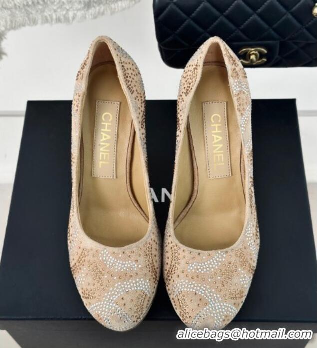 Luxury Chanel Suede High Heel Platform Pumps 10.5cm Beige 424121