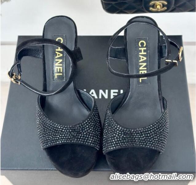 Charming Chanel Suede High Heel Platform Sandals 10.5cm with Crystals Black 424122