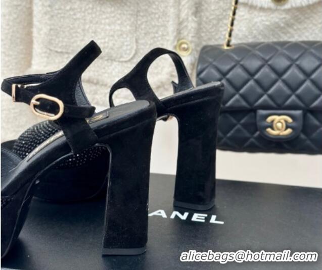 Charming Chanel Suede High Heel Platform Sandals 10.5cm with Crystals Black 424122