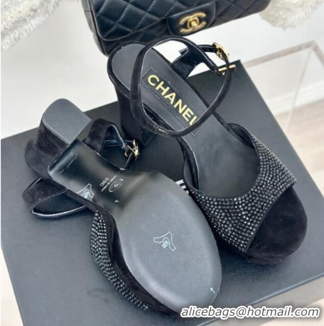 Charming Chanel Suede High Heel Platform Sandals 10.5cm with Crystals Black 424122