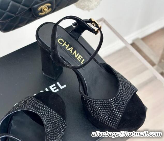 Charming Chanel Suede High Heel Platform Sandals 10.5cm with Crystals Black 424122