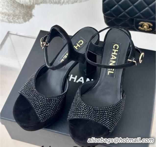 Charming Chanel Suede High Heel Platform Sandals 10.5cm with Crystals Black 424122