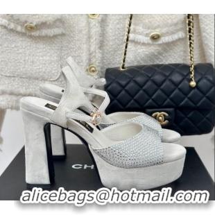 Grade Quality Chanel Suede High Heel Platform Sandals 10.5cm with Crystals Light Grey 424123