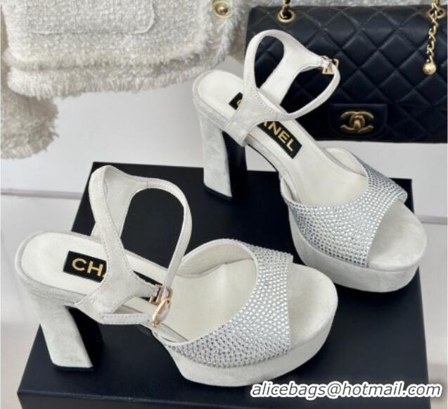 Grade Quality Chanel Suede High Heel Platform Sandals 10.5cm with Crystals Light Grey 424123