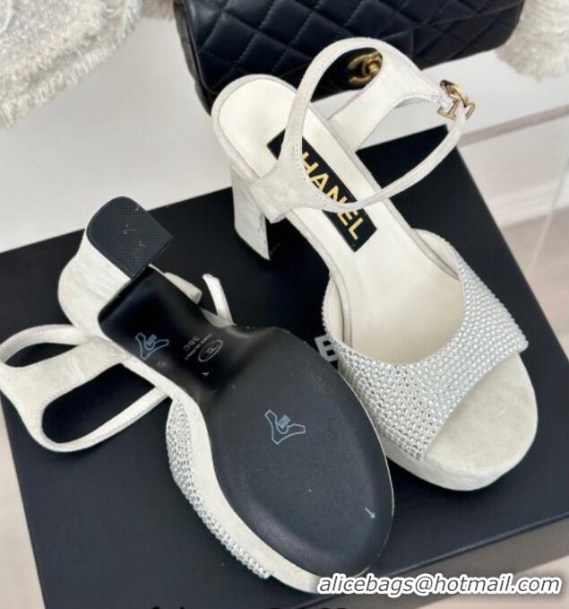 Grade Quality Chanel Suede High Heel Platform Sandals 10.5cm with Crystals Light Grey 424123