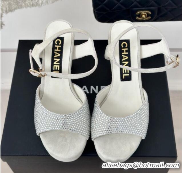 Grade Quality Chanel Suede High Heel Platform Sandals 10.5cm with Crystals Light Grey 424123