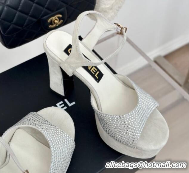 Grade Quality Chanel Suede High Heel Platform Sandals 10.5cm with Crystals Light Grey 424123