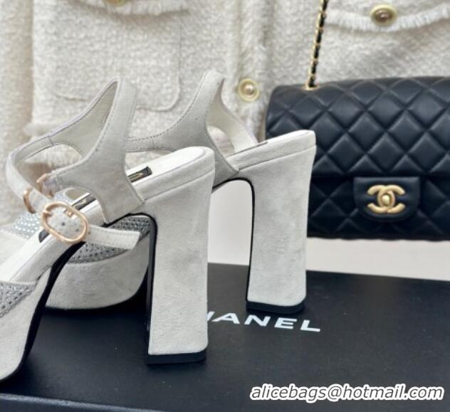 Grade Quality Chanel Suede High Heel Platform Sandals 10.5cm with Crystals Light Grey 424123