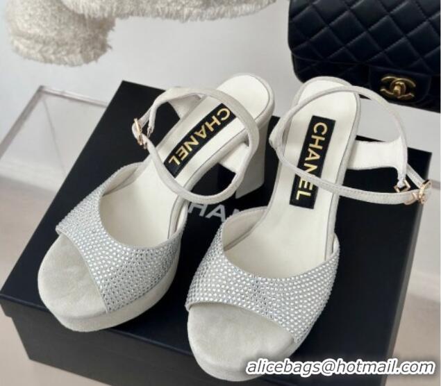 Grade Quality Chanel Suede High Heel Platform Sandals 10.5cm with Crystals Light Grey 424123