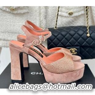 Best Grade Chanel Suede High Heel Platform Sandals 10.5cm with Crystals Orange 424124