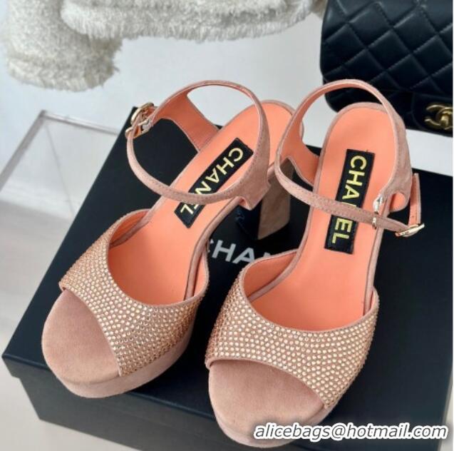 Best Grade Chanel Suede High Heel Platform Sandals 10.5cm with Crystals Orange 424124