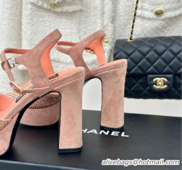 Best Grade Chanel Suede High Heel Platform Sandals 10.5cm with Crystals Orange 424124