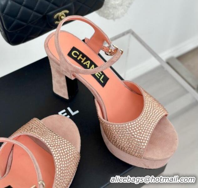 Best Grade Chanel Suede High Heel Platform Sandals 10.5cm with Crystals Orange 424124