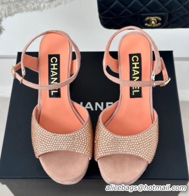 Best Grade Chanel Suede High Heel Platform Sandals 10.5cm with Crystals Orange 424124