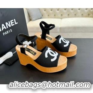 Best Price Chanel Wedge Fabric Sandals 10cm G45555 Black 424125