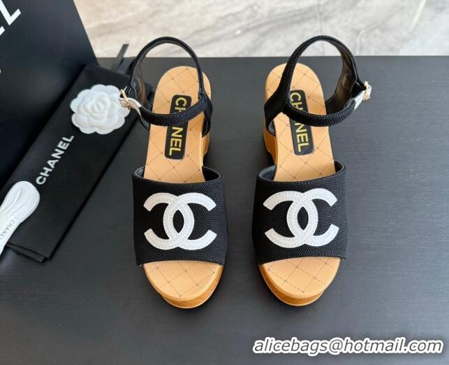 Best Price Chanel Wedge Fabric Sandals 10cm G45555 Black 424125