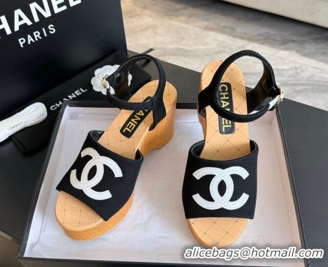 Best Price Chanel Wedge Fabric Sandals 10cm G45555 Black 424125