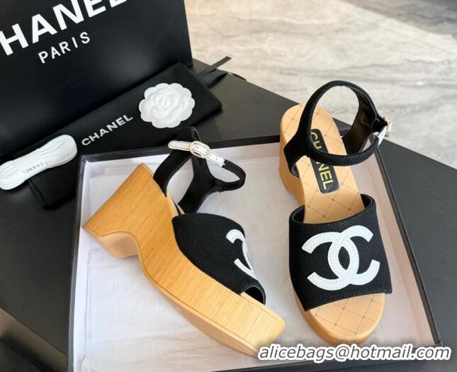 Best Price Chanel Wedge Fabric Sandals 10cm G45555 Black 424125