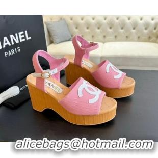 Top Grade Chanel Wedge Fabric Sandals 10cm G45555 Pink 424126