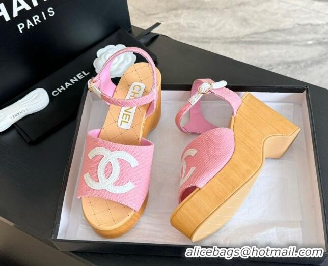 Top Grade Chanel Wedge Fabric Sandals 10cm G45555 Pink 424126